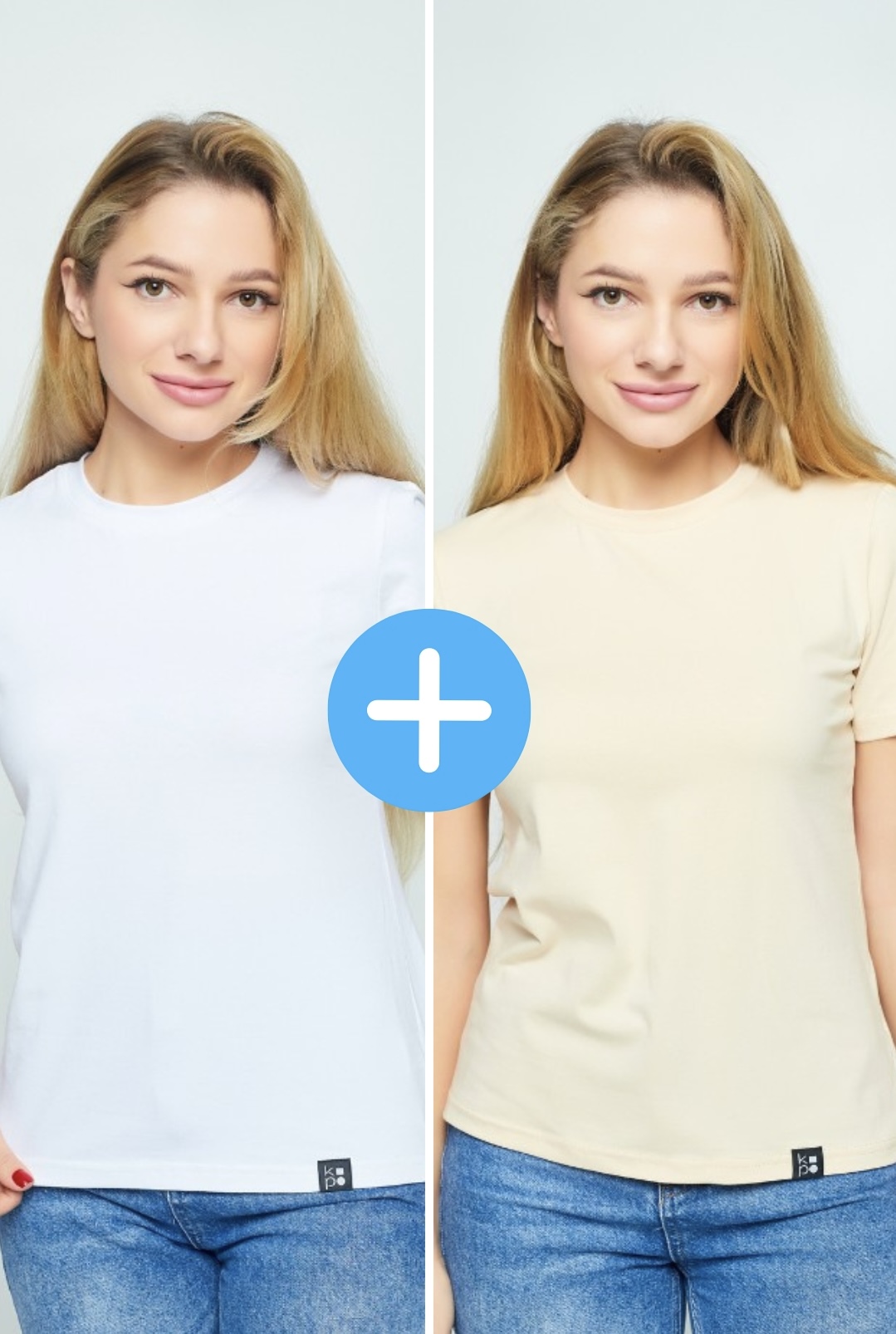 Set of 2 women's basic Kopo t-shirts:  white, beige